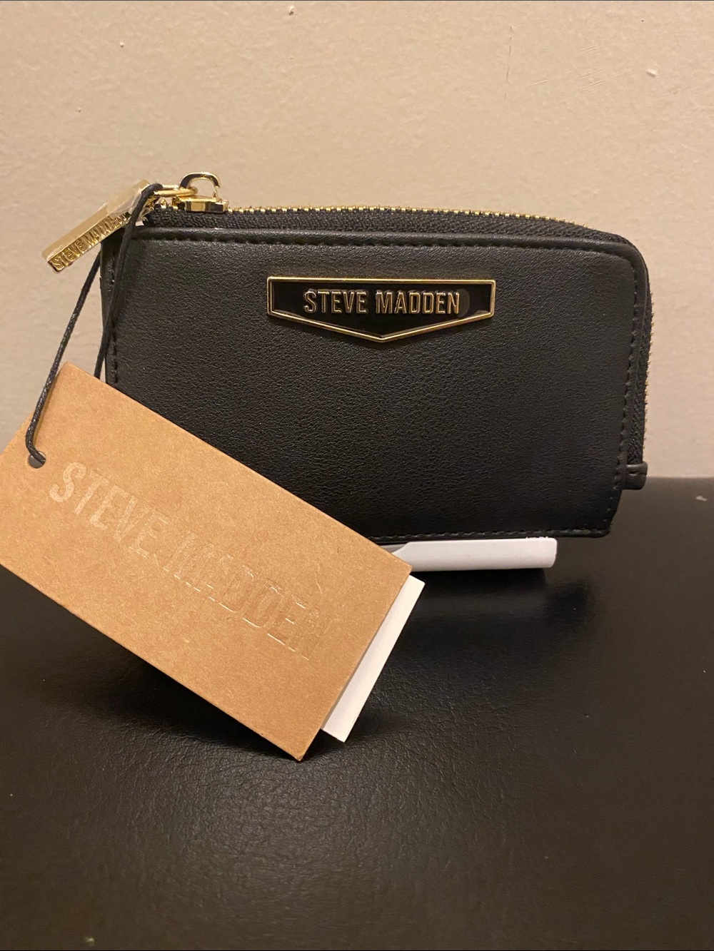 Steve Madden Black Mini Zip Wallet with Gold Logo